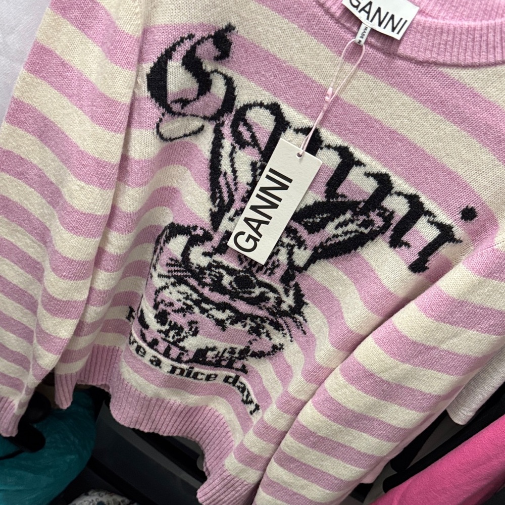 Ganni Pink and Cream Striped Sweater with Graphic Design